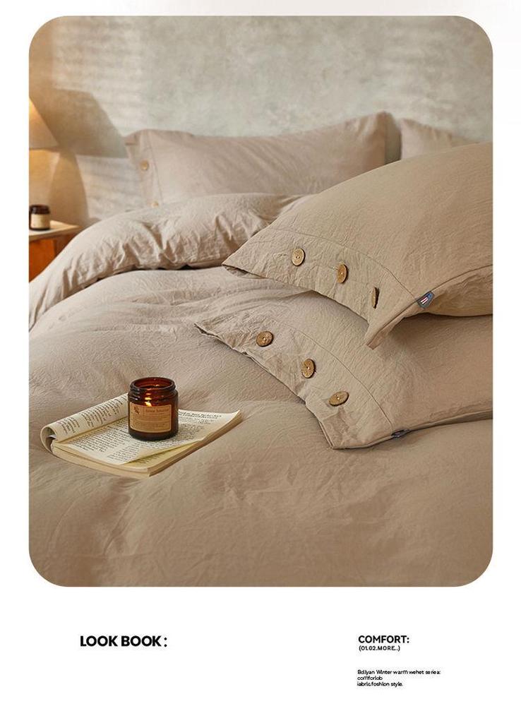 Retro Japanese Style Washable Cotton Bedding Set - Plain Stripe, Button Design, 3-Piece