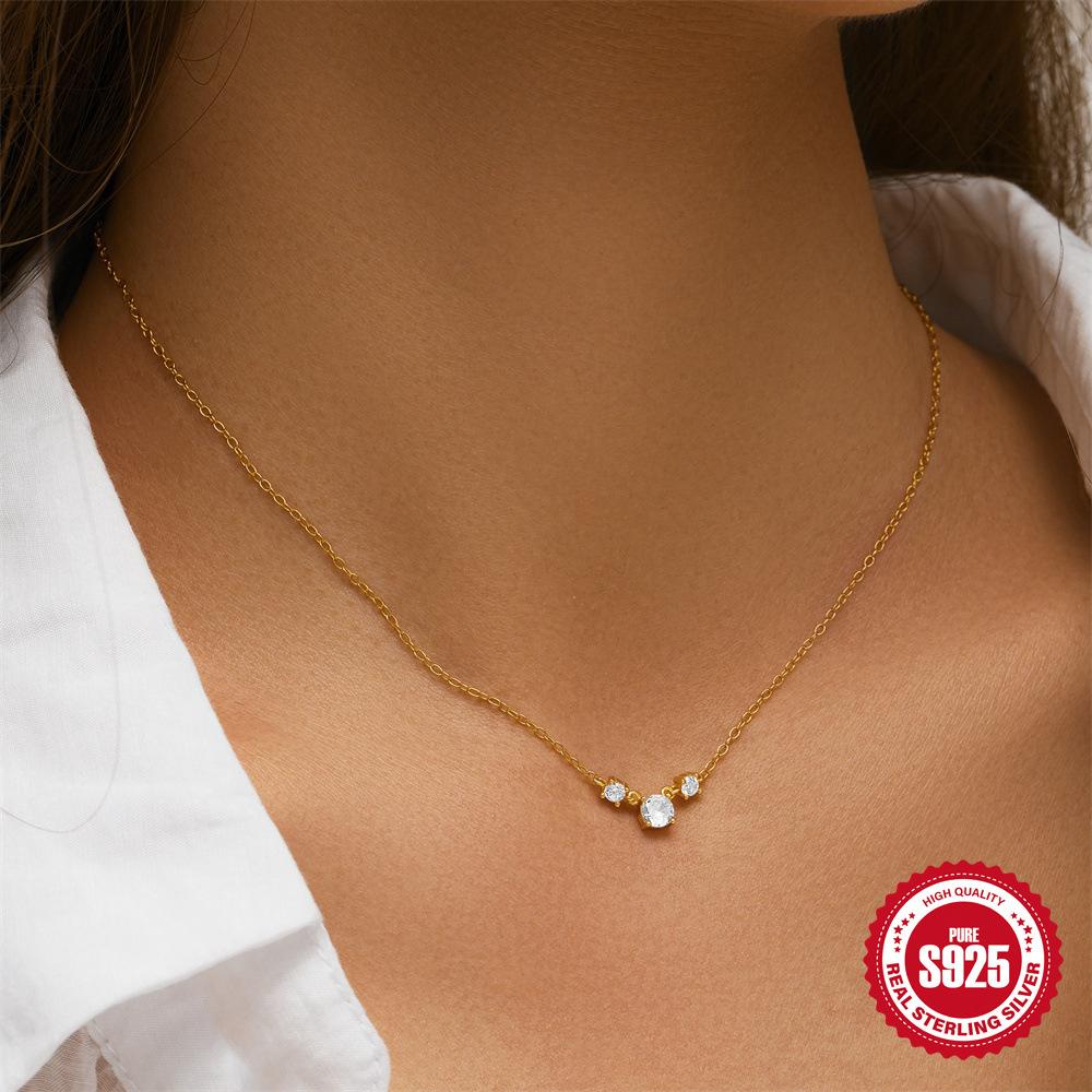 Simple S925 Sterling Silver Cluster Triple Diamond Hipster Women'S Necklace Daily Commuter