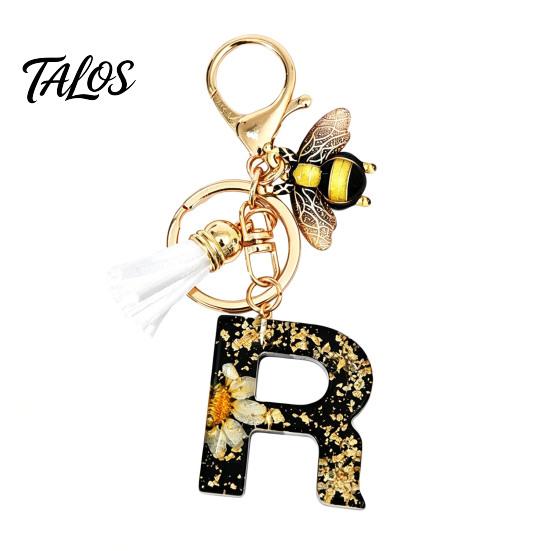 Talos Black Series Keychain Pendant, Dried Flower Initial Letter Charm Key Chain with Bee Tassel Design, A-Z Holder for Bag Purse Backpack