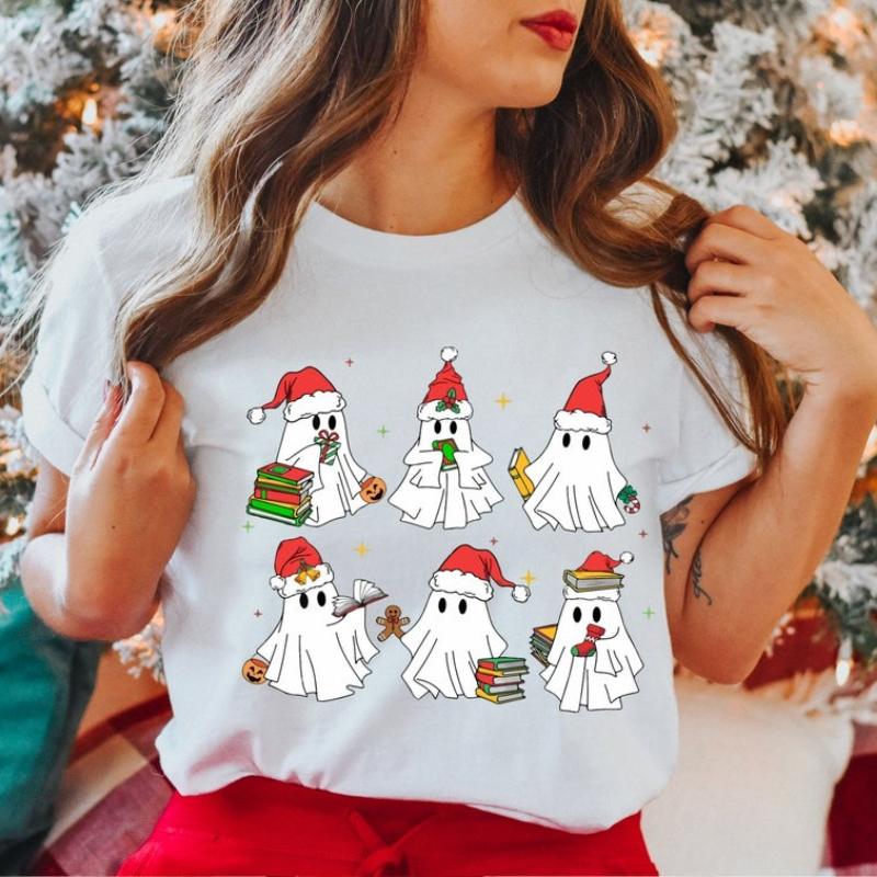 Christmas Ghost Book Cotton TShirt Lover Gift for Worm Bookish Read More Book Book Nerd Breathable Soft Simple Women Clothes