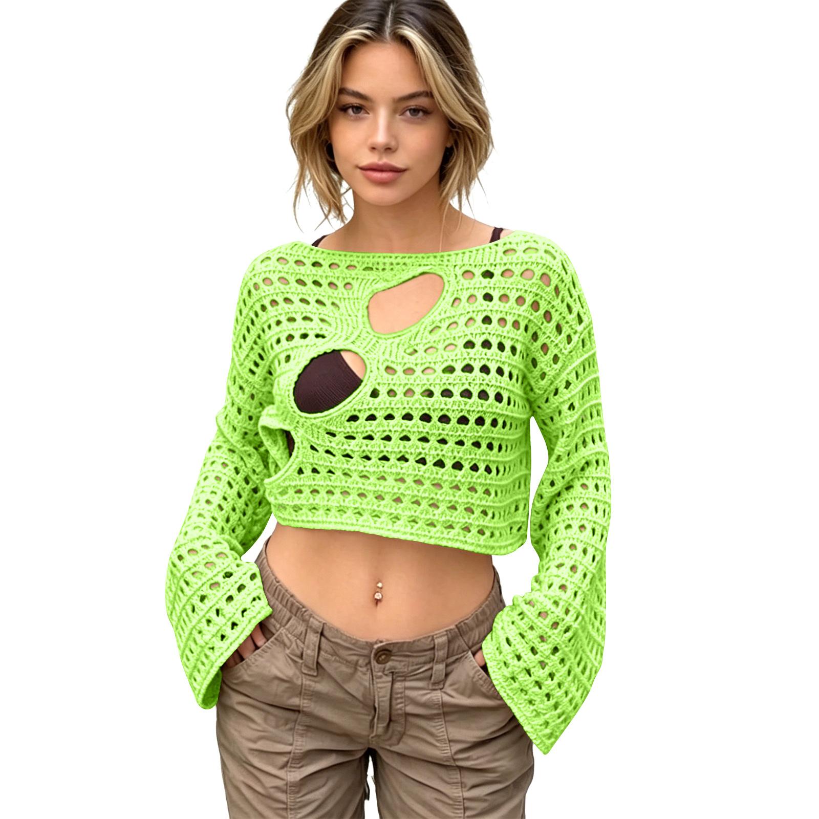 Women’s Crochet Knit Hollow Out Long Sleeve Crop Top with Cut Out Casual Pullover Sweater for Women L зелёный