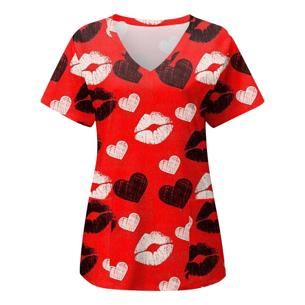 Women's T-shirt V-neck Nurse Uniform Casual Short Sleeved Women's Printed Heart T-shirt