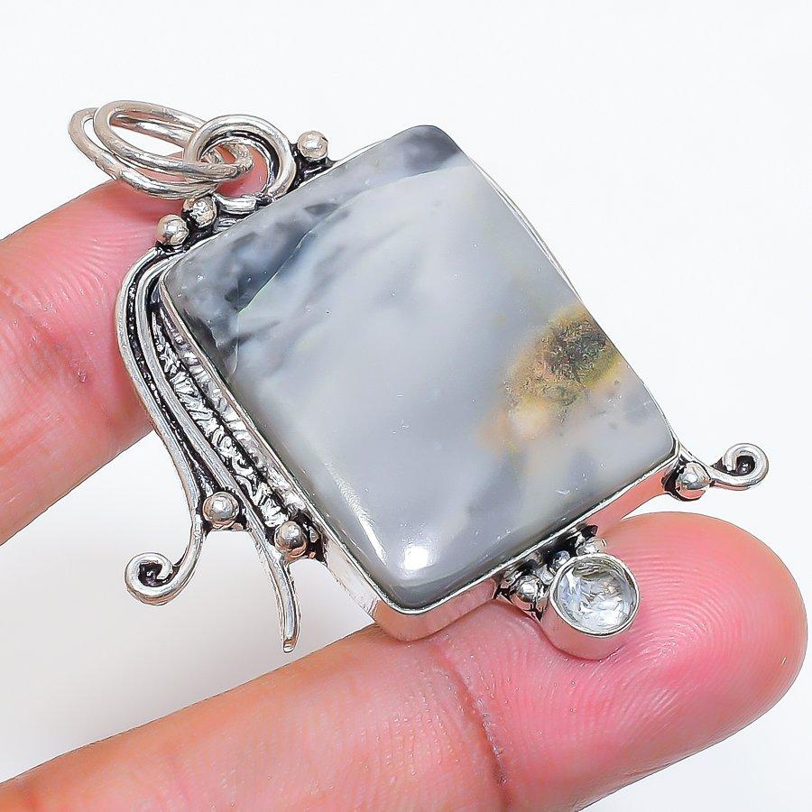 Natural Maligano Jasper, Topaz 925 Sterling Silver Jewelry Pendant 2.17" ZS-689
