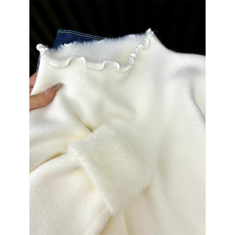 Womens Thick Knit Turtleneck Sweater With Ruffle Detail Warm Inner Top Winter