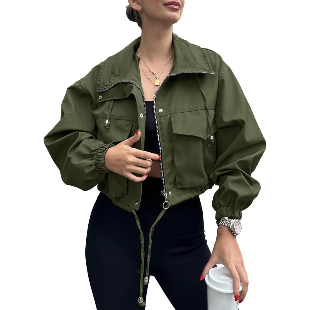 Women's Fashionable Solid Color Long Sleeved Pocket Short Jacket With Zipper Windbreaker Jacket