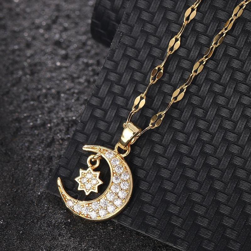1 Pc Shiny Lip Chain Gold Moon Star Pendant Necklace Full Paved Zircon Dainty Celestial Clavicle Jewelry for Women Daily Wear