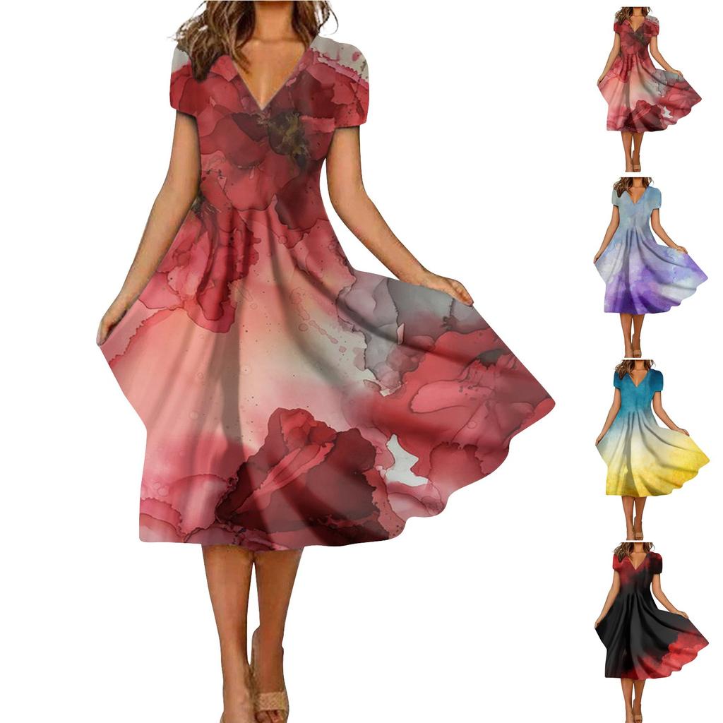 Damenmode und All-Match-Sommer-Temperament, bedrucktes Kurzarmkleid mit V-Ausschnitt