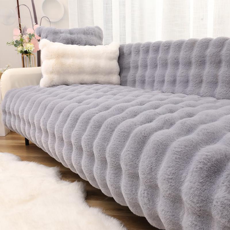 Luxury Winter Rabbit Plush Non-slip Leather Sofa Cushion & Cover