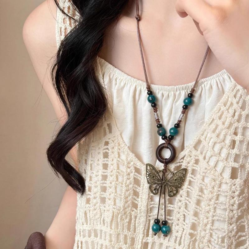 Vintage náhrdelník v bohémském stylu pro dívku, etnický styl, keramický přívěsek s motýlem, náhrdelník, šperk, dárek