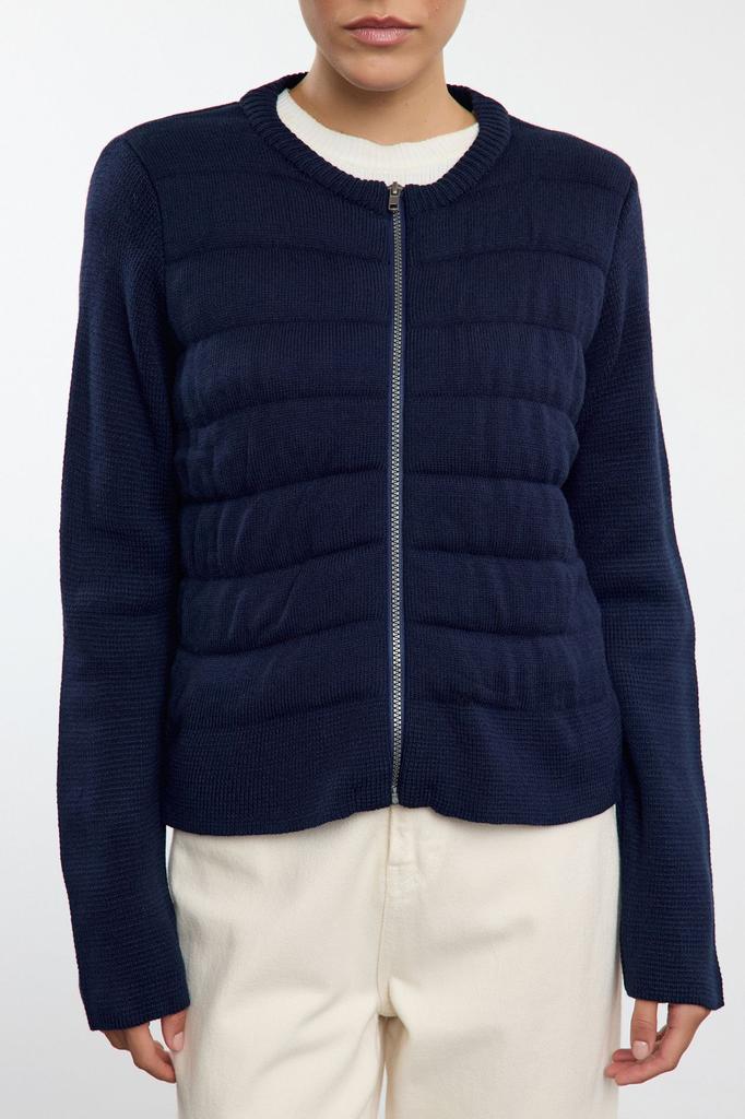 Women's Fashionable Stylish Cardigan Navy Blue Crew Neck Zippered Coat Look Knitwear Cardigan