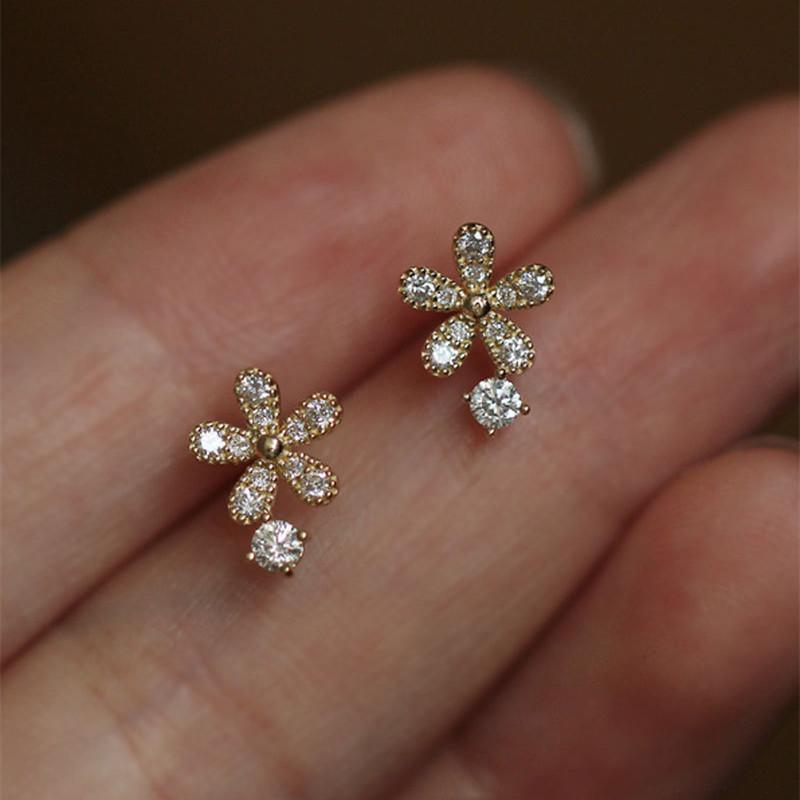 

925 Sterling Silver Shiny Crystal Flower Stud Earrings Women Cute Elegant Party Wedding Jewelry Accessories Girlfriend Gifts золотий