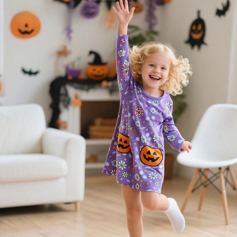 Girls Autumn Crew Neck Girls Dress Halloween Patch Long Sleeve Skirt