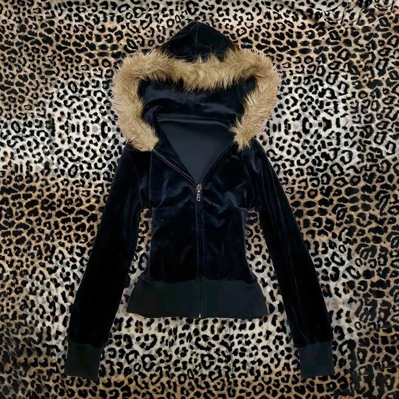 VAYLA Y2K Harajuku Gothic Damen Kapuzenpullover Sexy Schlank Schick Wildleder Pelzkragen Buchstabenprint Strickjacke Sweatshirt Ästhetisch Damen Streetwear