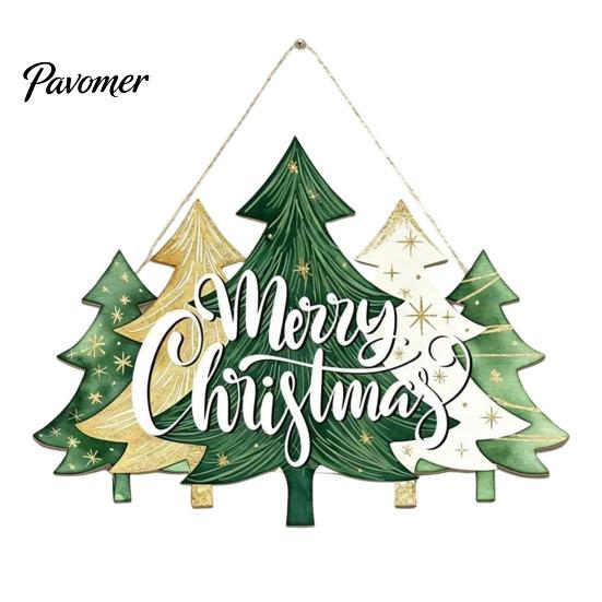 Christmas Front Entrance Sign Wooden Hanging Ornament, Multi-Layer Tree Wood Plaque Vintage Window Decor with Rope, Merry Festive Door Wall