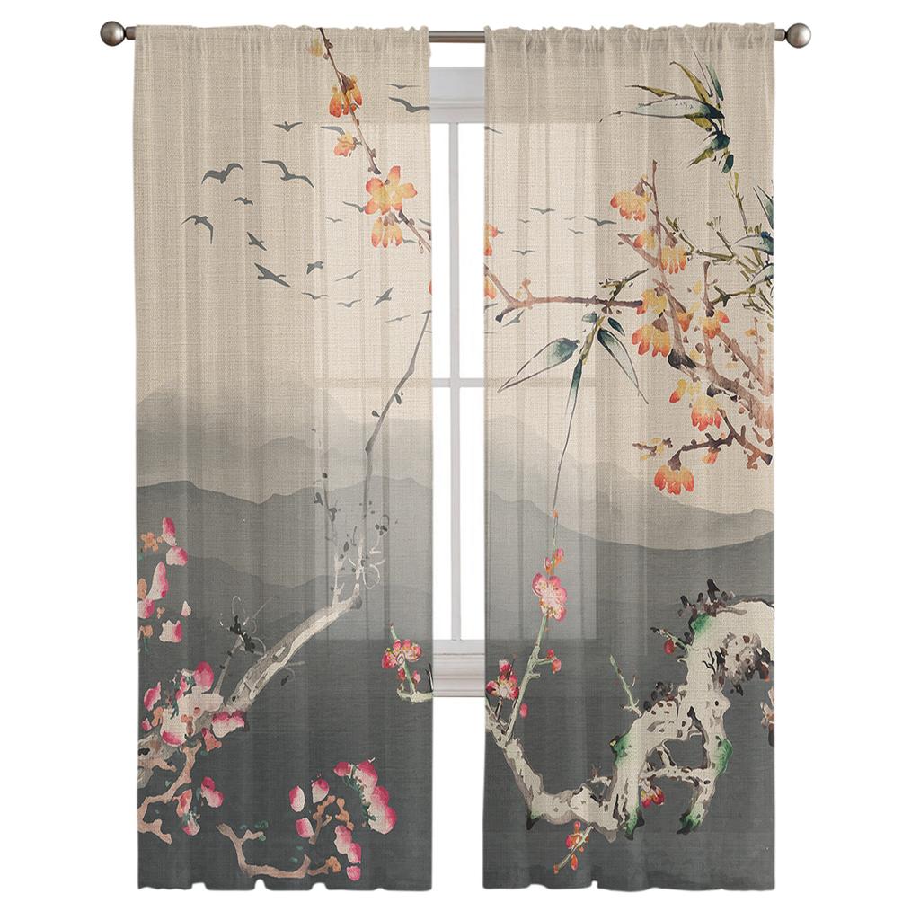 Kínai festmény szilvavirágos táj áttetsző függönyök nappaliba hálószoba gyerekszobába tüll ablakok kezelő drapériák