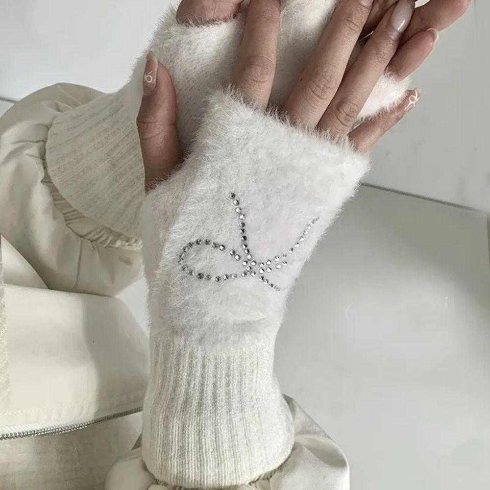 Hotfix Rhinestone Bow Gloves Plush Half Finger Mittens Soft Knitted Gloves Outdoor