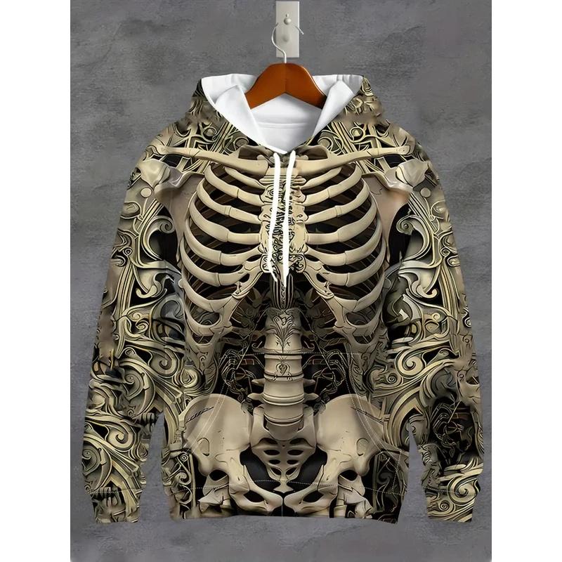 2026 New Men's Vintage Skull Skeleton 3D Print Hoodie Men Women Fashion Oversized Hoodie Sweatshirt Halloween Unisex Tracksuit