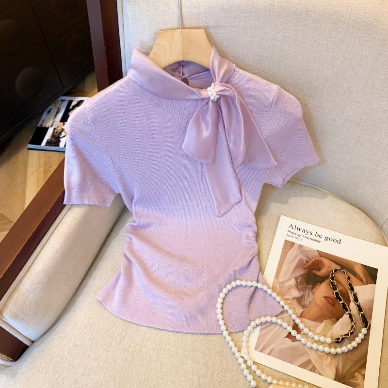

Real shot bow purple short slim-fit knitted short-sleeved women s T-shirt bottoming shirt waist pinch design niche top L фіолетовий