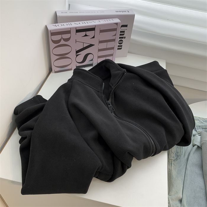 Warm Stand Collar Faux Lamb Double Face Polar Fleece Jacket Women Autumn Winter Loose Slimming Fleece Lined Thick Hoodie