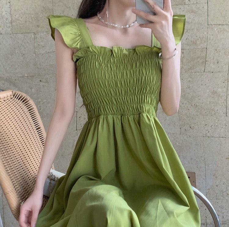French Temperament Small Flying Sleeves Pleated Waist Dress Summer New Hepburn Style Square Neck Suspender Medium and Long Dress