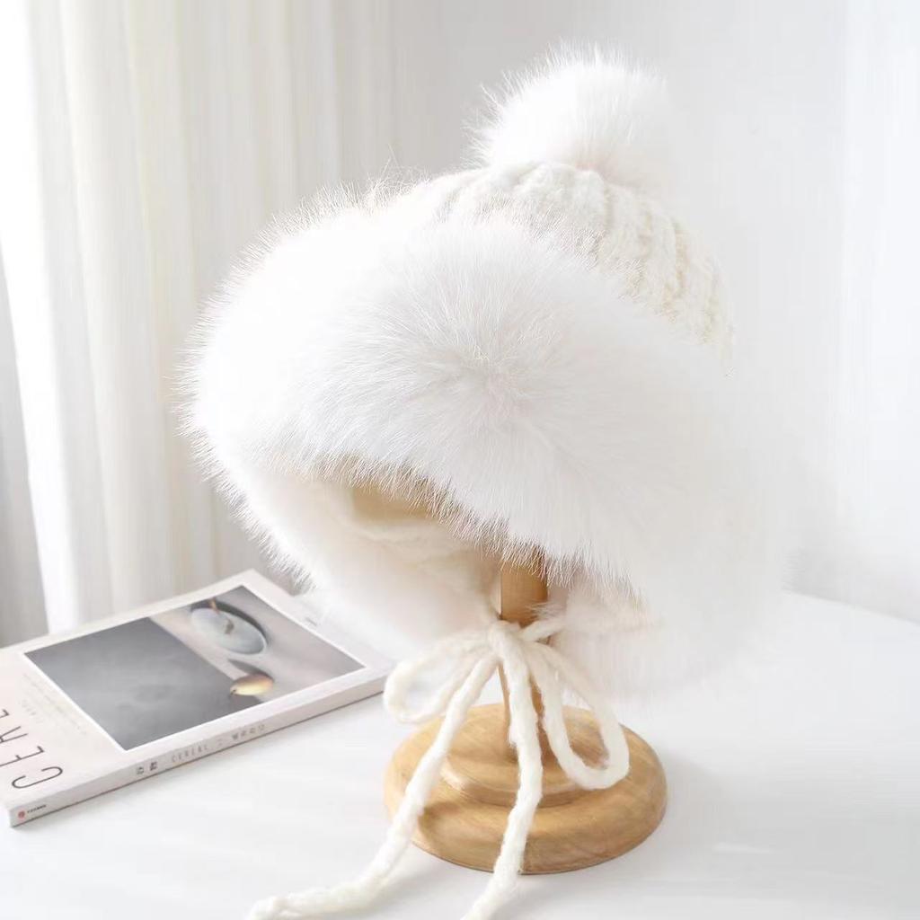 Fox Fur Ear Protection Lei Feng Hat for Women, Cute Pom-Pom Cold-Proof Riding Hat, Korean Style Warm Fleece-Lined Knitted Beanie