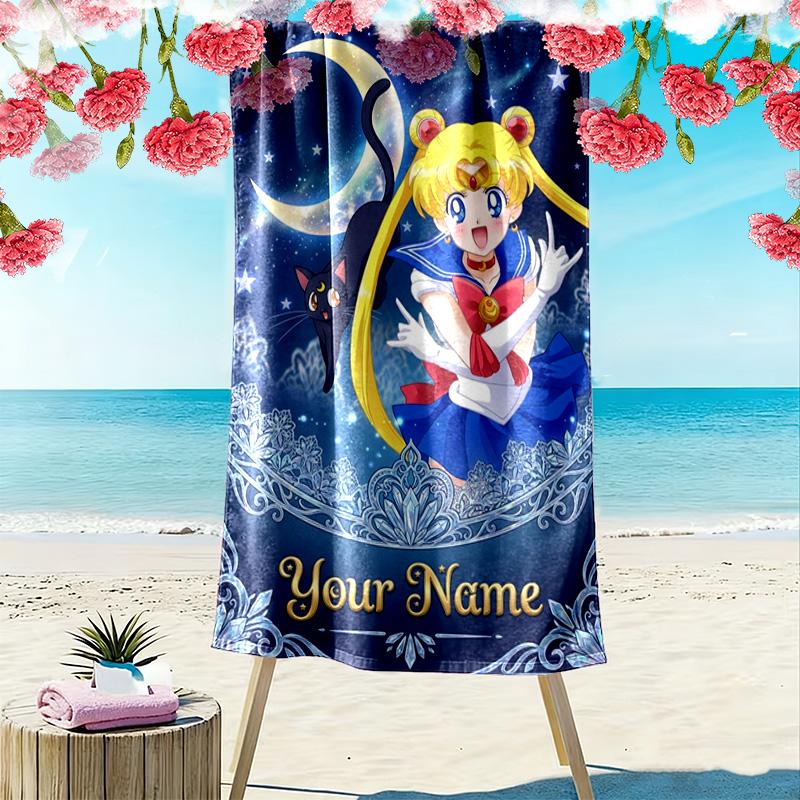 Name Custom Magic Sailor Girl Print Beach Towel, Large Soft Quick Dry Towel for Beach Camping Swimming
