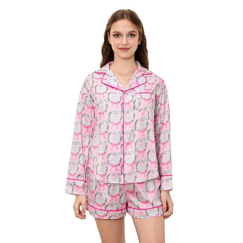 Women Christmas Pajama Shorts Set Santa Colorful Print Nutcracker Pjs Long Sleeve Shirt Shorts 2 Piece Holiday Loungewear