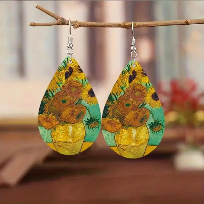 Classic Van Gogh Starry Night Earrings Vintage Tree Of Life Water Drop Leather Earrings For Women