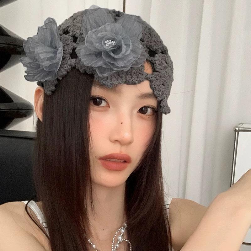 Summer thin hollow pearl flower handknitted headgear female sweet cute niche hat