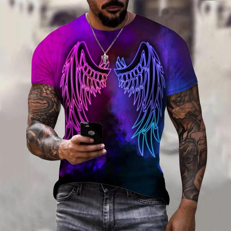 Summer Round Neck 3D Wing Pattern Print Top Fashionable Casual Short Sleeved Men's T-shirts