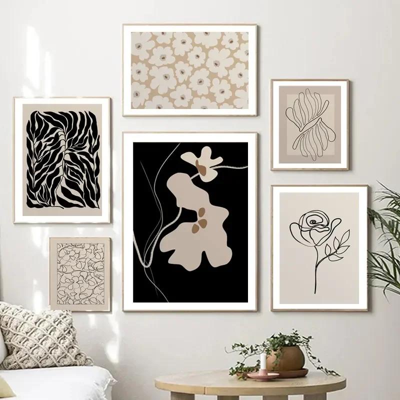 Boho Abstrakte Schwarze Beige Blumen Blätter Poster Bohemian Linienkunst Leinwanddrucke für Schlafzimmer Wohnzimmer Wanddekoration