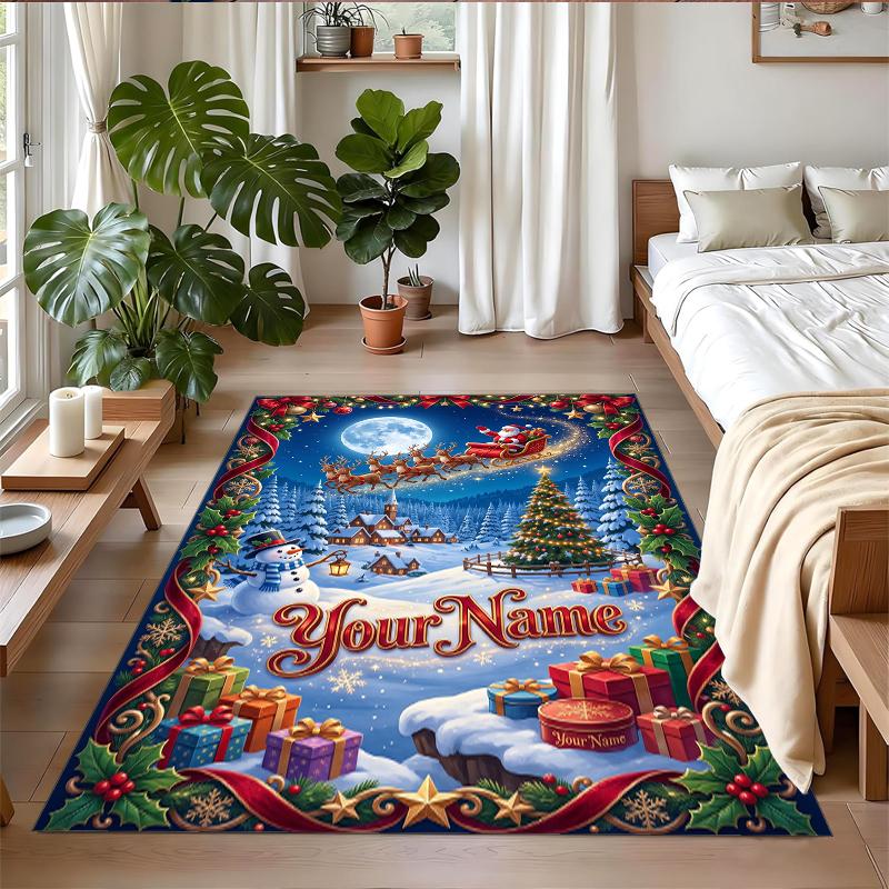 Christmas Custom Name Printed Square Area Rug Soft Non Slip Floor Carpet For Bedroom Holiday Gift