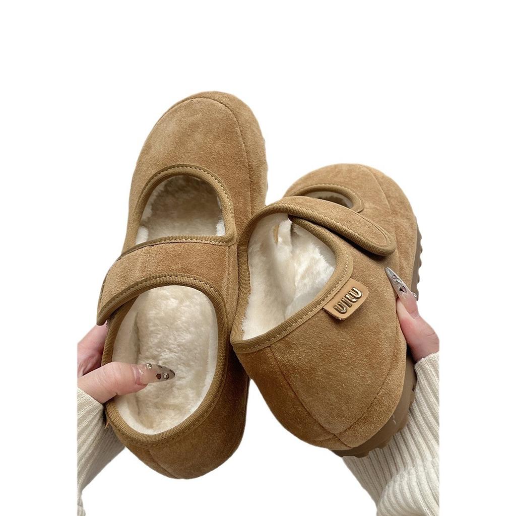Soft Leather Version~ Heel Height 4cm Mary Jane Shoes Mao Mao Shoes 2025 New Suede Velcro Fleece Warm Casual Shoes