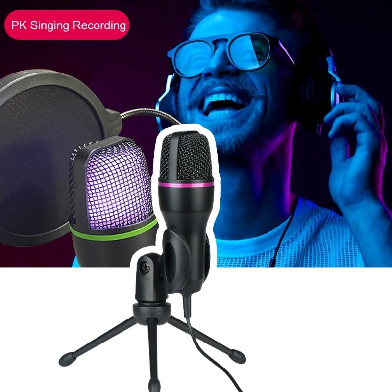 1 Set Condenser Microphone USB Gaming Mic Build-in LED Lighting for PC Laptop Gaming Singing and Recording