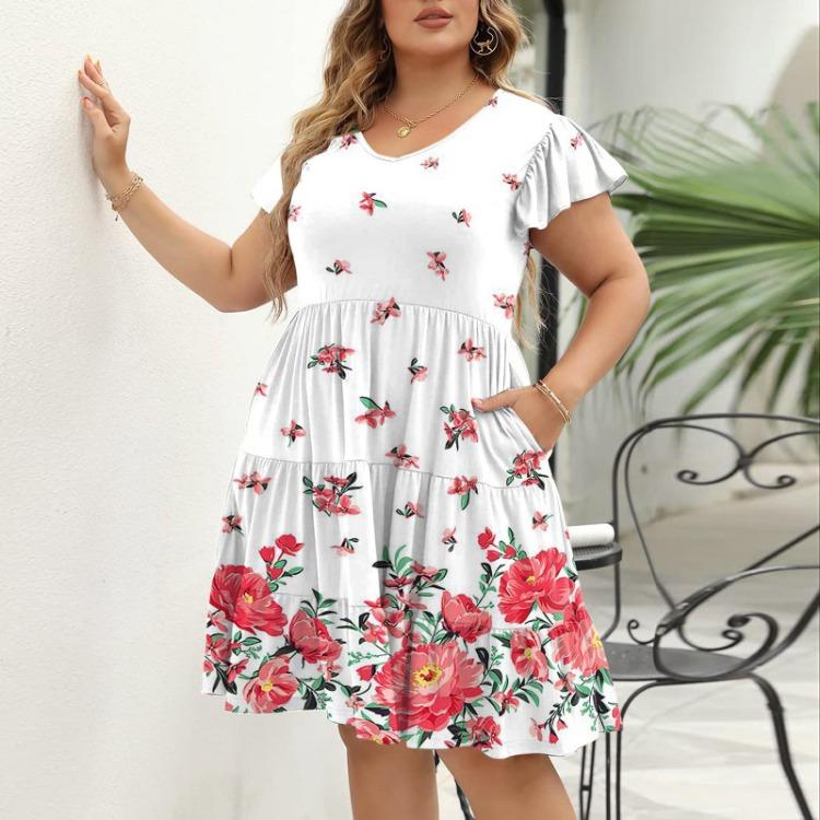 Plus Size Summer Beach Dress Loose V Neck Tunic A Line Ruffle Short Sleeve Comfortable Large Hem Dress For Women