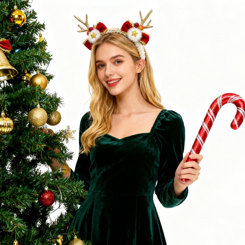 Christmas Deer Antler Headband Festive Reindeer Antlers Headband with Bow Pompoms for Xmas Party Supplies Halloween for Women