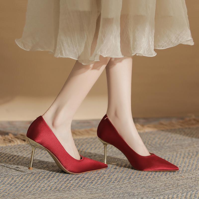 Women's Shoes Wedding High Heels Solid Color Silk Shoes Thin Heels Thin Women's Shoes Versatile Pointed Single Shoes Women's Summer