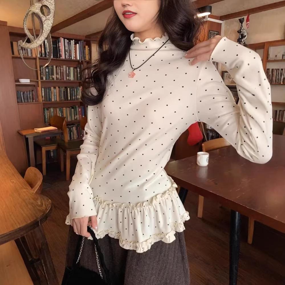 Korean Sweet Slimming Polka Dot Ruffle Top: Women's Long-Sleeve, Half-High Collar, Spring Collection.