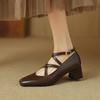 New Four Seasons Wear Square Head Small Leather Shoes Women's Rubber Soft Sole Square Heel Women's Single Shoes Casual Black Middle Heel Buckle