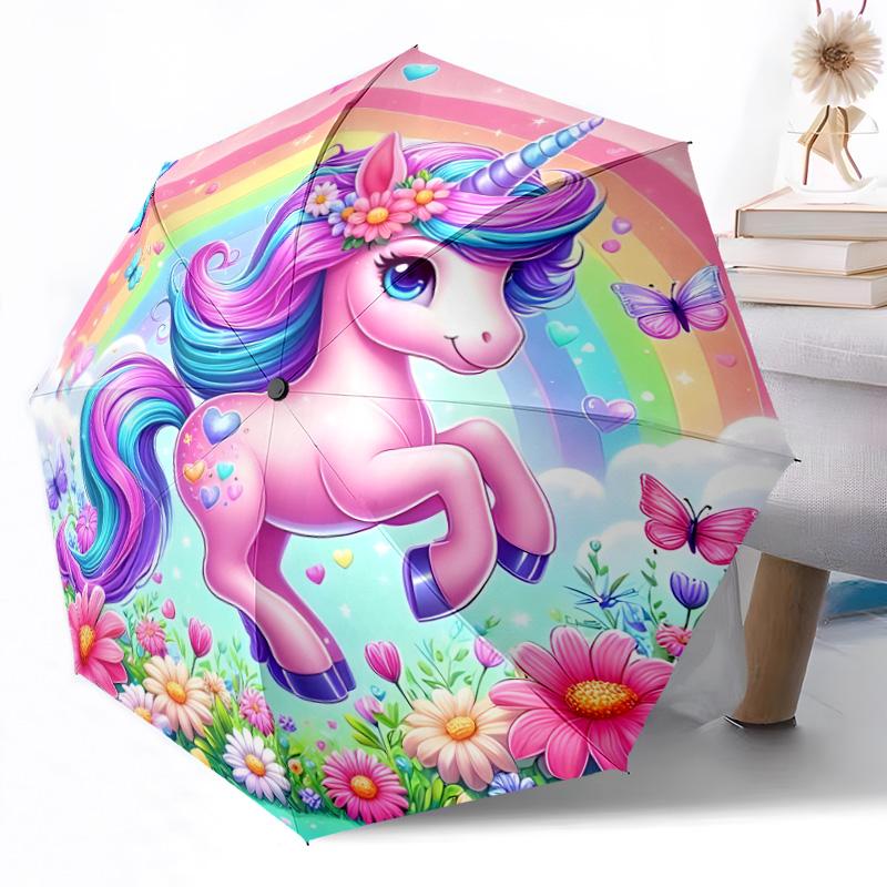 1pc Rainbow Unicorn Fantasy Automatic Umbrella with Folding Compact Durable 8 Rib Design Foldable Carry Umbrella Stylish Accessory Perfect Birthday Y6