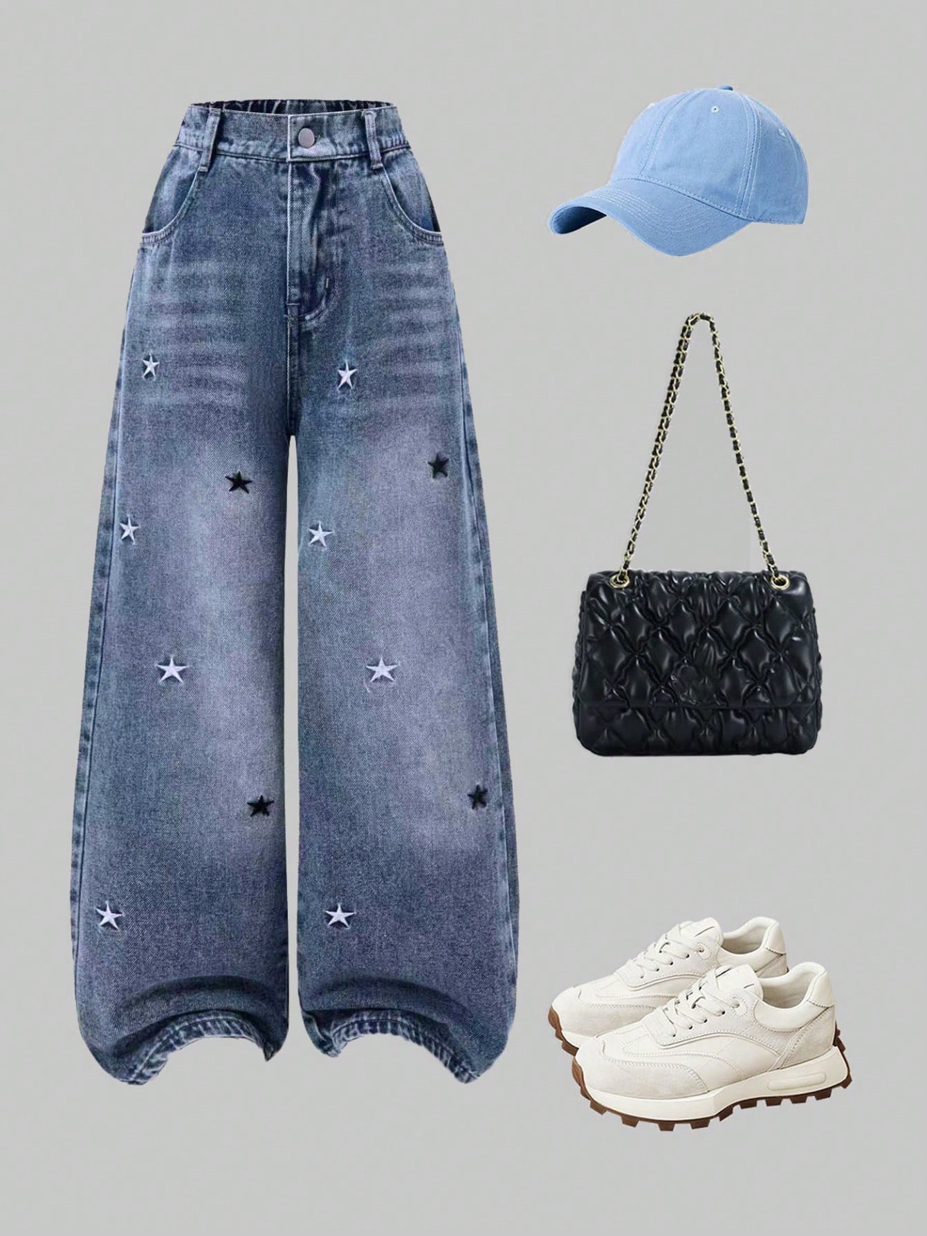 

Girls Denim Trousers (Single Item) — New Spring/Autumn Collection: Casual, Simple Style for Comfortable Daily Wear, Featuring Star Pattern 8Y светло-синий