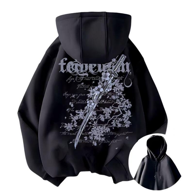 Cherry Blossom Sword Print Men's Hooded Top Autumn and Winter Velvet Thickened Loose Couple High Street Sweatshirt