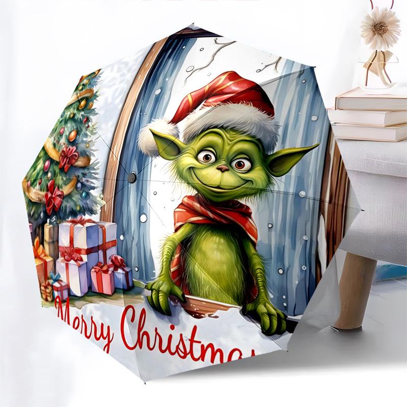 

1pc Merry Christmas! Automatic Opening/Closing Umbrella, Portable Tri-Fold Design with 8-Bone Iron Frame, Perfect Outdoor Gift for Fans, Travelers, Da