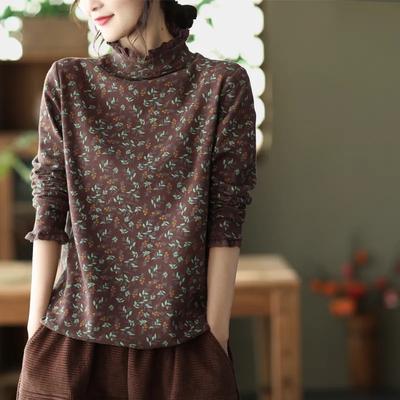 Women's Cotton Retro Small Floral Turtleneck T-shirt Loose Bottoming Shirt Top