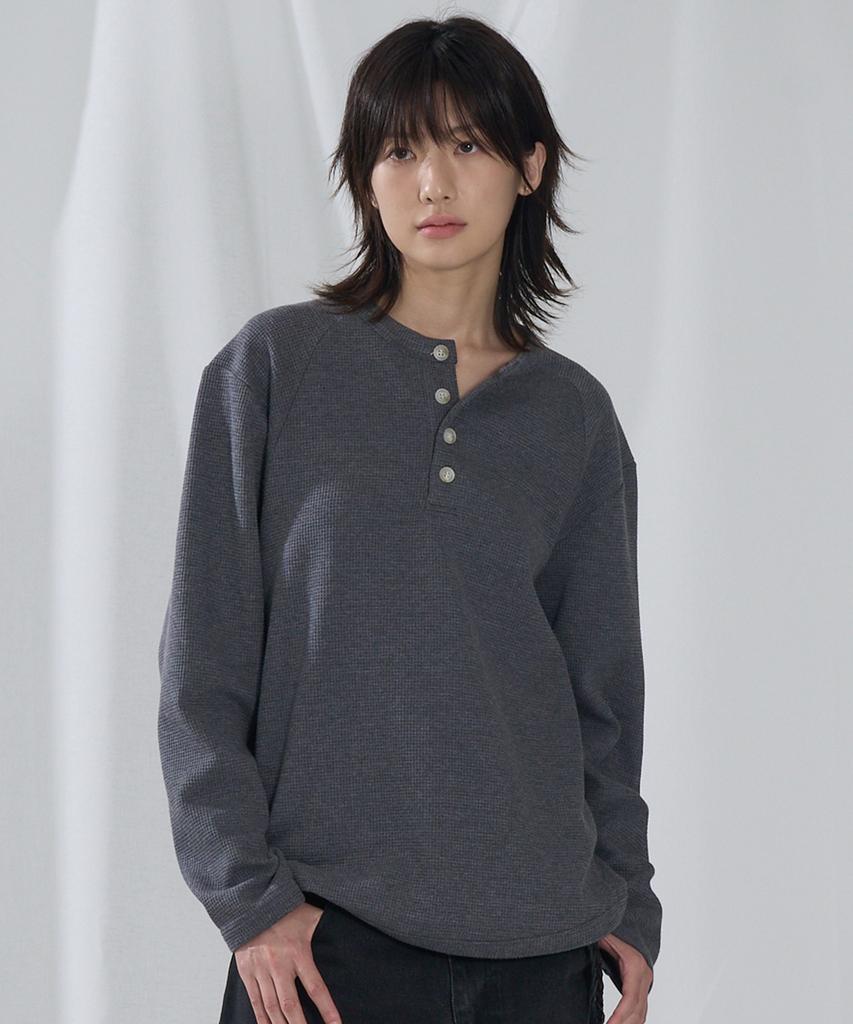 SLOWACID Curved Waffle Henley Neck [Charcoal]