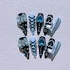Long Stiletto Press On Fake Nails Blue Heart Diamond Bow Decoration False Nail Fashion Artificial Nail Handmade Acrylic Nail