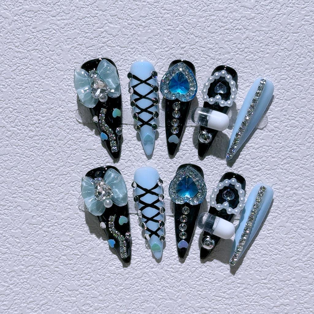 Long Stiletto Press On Fake Nails Blue Heart Diamond Bow Decoration False Nail Fashion Artificial Nail Handmade Acrylic Nail