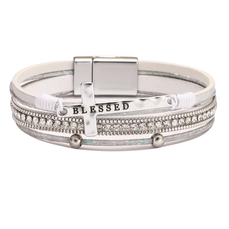 Boho Style Cross Bracelet, Light Luxury Micro-diamond Magnetic Buckle Bracelet, PU Leather Bracelet