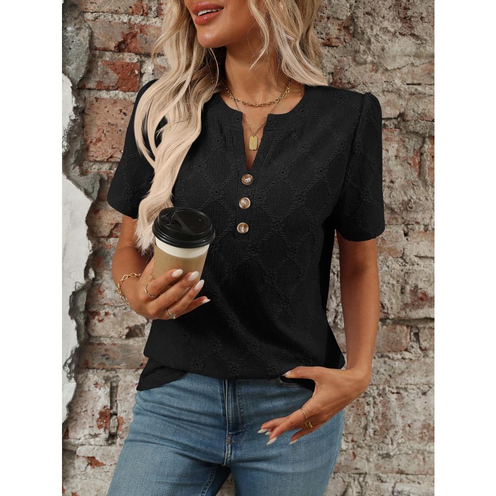 Ny sommer topp med rund hals og korte ermer med blomsterjacquard og knapper for kvinner