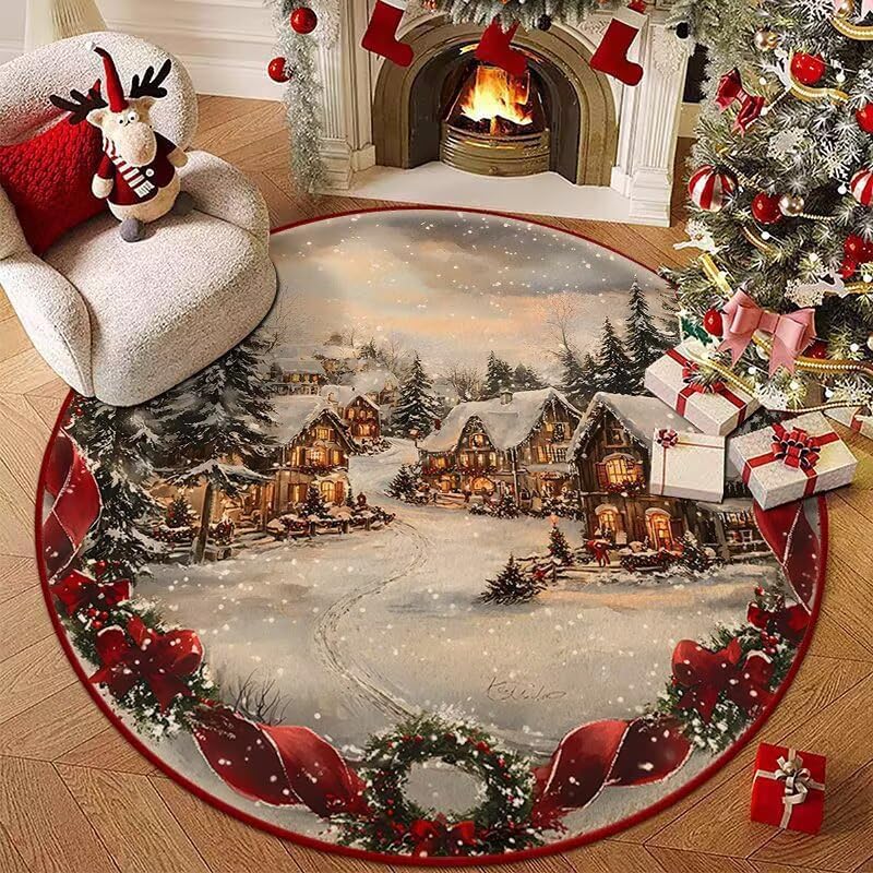 Festive Winter Village Round Rug Snowy Scene Red Ribbon Garland for Christmas Decor